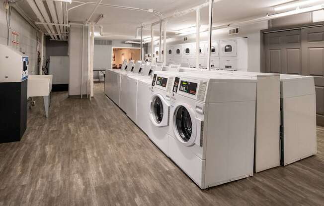 A row of industrial washing machines in a laundry room.