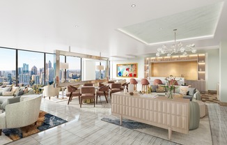 30th-floor lounge with demonstration kitchen, comfortable seating, and skyline views.