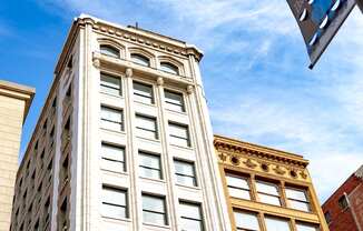 looking up at the southwest corner of the tower. at 26 West, Managed by Buckingham Urban Living, Indianapolis