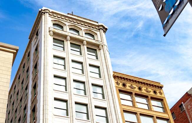 looking up at the southwest corner of the tower. at 26 West, Managed by Buckingham Urban Living, Indianapolis