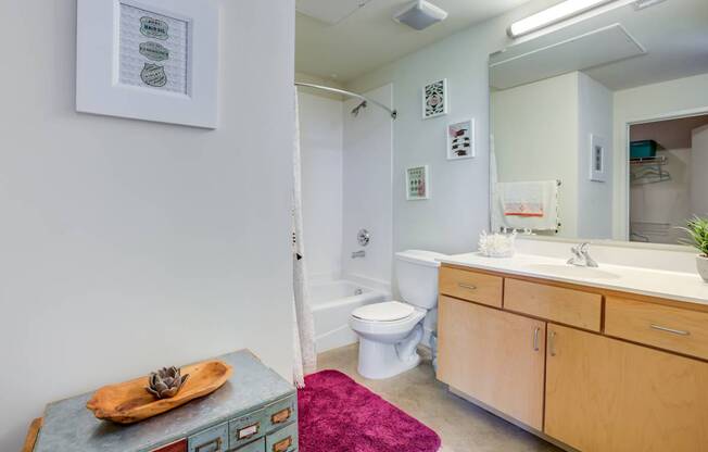 A bathroom with a toilet, sink, and a mirror.