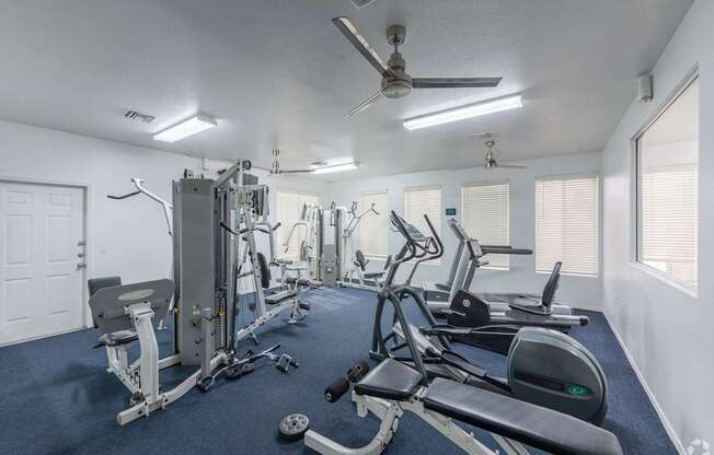 A well-equipped gym with various exercise machines and a blue carpet.