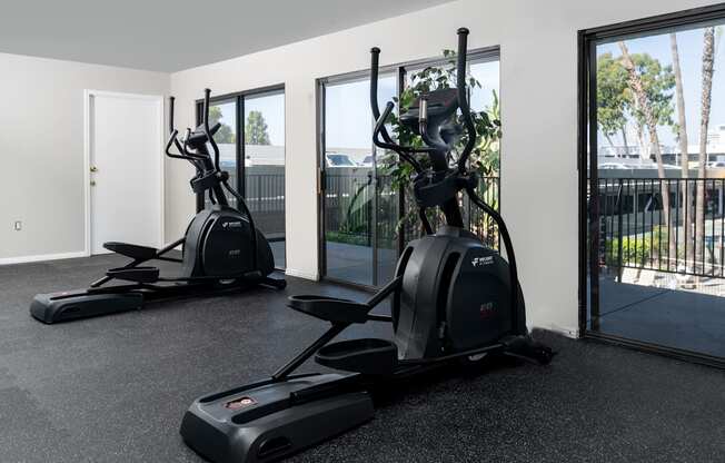 Two elliptical trainers in a room with a view of the outside.