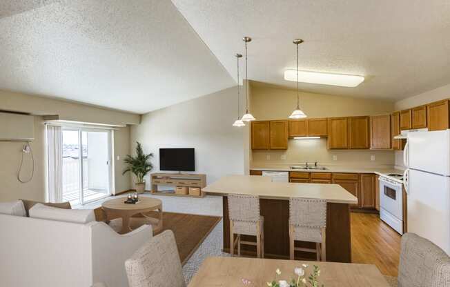 Living Room and Kitchen Area at Sunset Ridge Apartments in Bismarck, ND