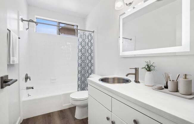 a bathroom with a sink and a shower and a toilet