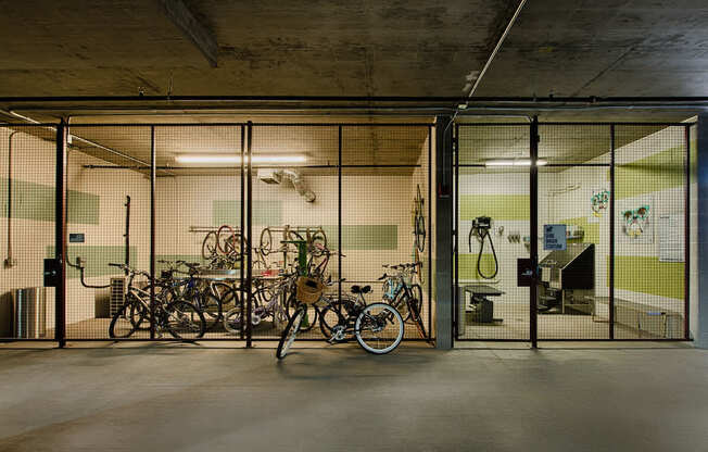A bike is parked in a bike rack.