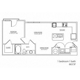 1 bed, 1 bath, 663 sqft, $1,117