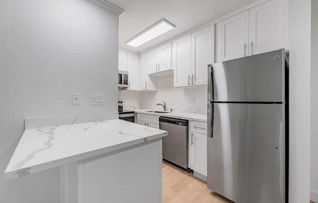 A kitchen with a refrigerator, stove, and countertop.