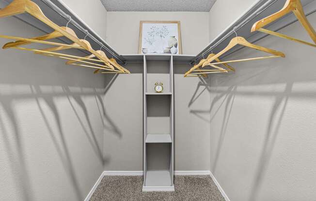 A small closet with a shelf and hangers.