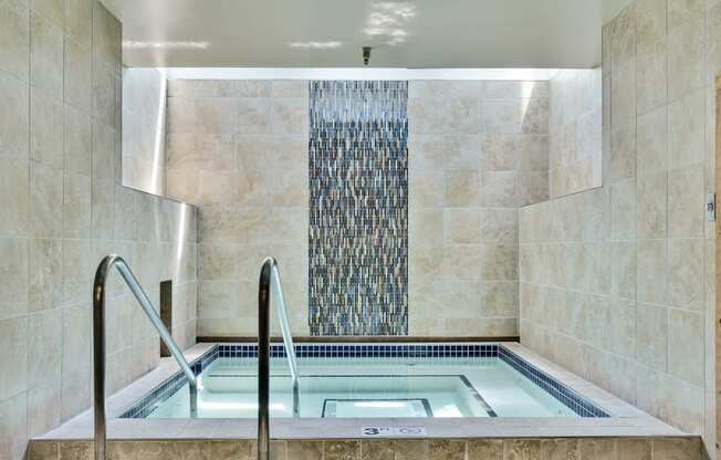 a large jacuzzi tub in a bathroom with a water feature