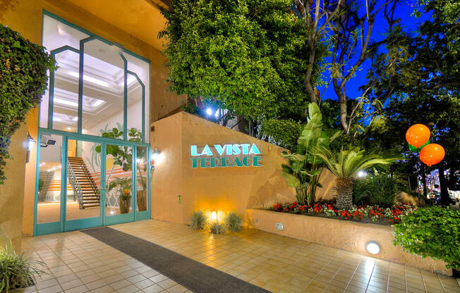Night Time Decorated Entrance at La Vista Terrace, Hollywood