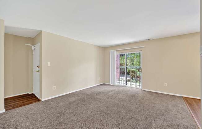 A room with a carpeted floor and a sliding glass door leading to a garden.