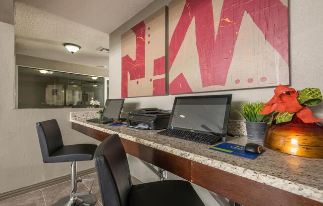 a desk with a laptop computer sitting on top of a table