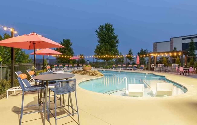 Aerial view of the pool at Aventura Falcon Valley apartments for rent in Lenexa, Kansas.