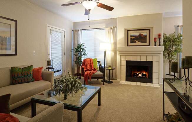 Catalina Foothills Apartments Spacious Living Room with Fireplace