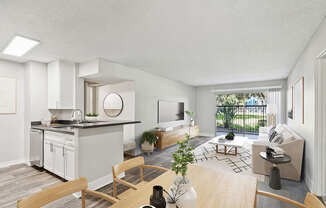 Model Dining Room with Wood-Style Flooring and View of Living Room with Patio Accessibility at Madison Park Apartments located in Anaheim, CA.