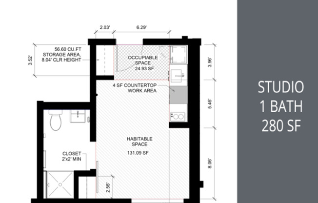 Studio, 1 bath, 280 sqft, $1,170, Unit 104