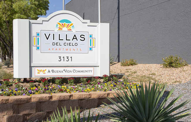 Sign and landscaping at Villas Del Cielo Aprartments in Albuquerque New Mexico October 2020
