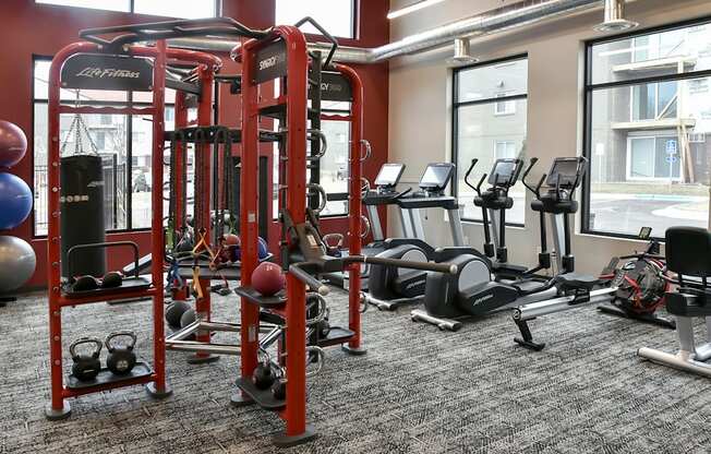 a gym with weights and cardio equipment in a building