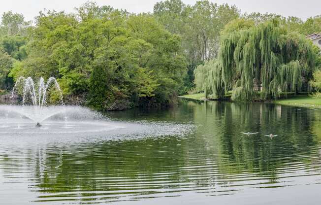 a fountain in the middle of a lake with trees in the background at Evergreen Luxury Apartments, Merrillville