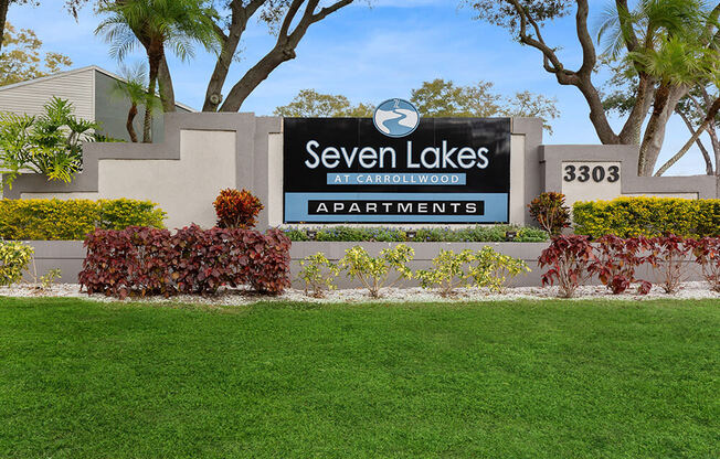 Community Monument Sign and Landscape at Seven Lakes at Carrollwood Apartments in Tampa, FL.