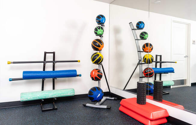 a workout room with weights and other exercise equipment