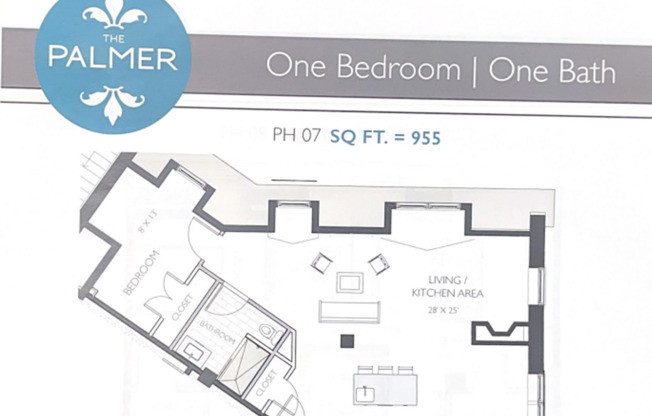 1 bed, 1 bath, 955 sqft, $1,923, Unit PH-07