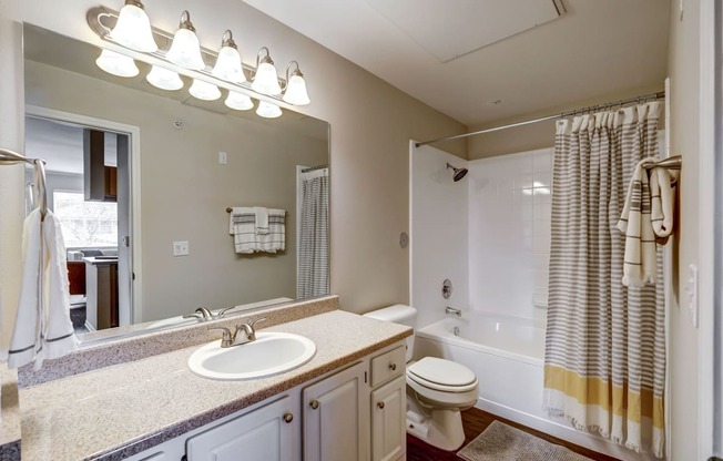 Bathroom with large vanity and lots of counter space, tub and shower combination, wood flooring