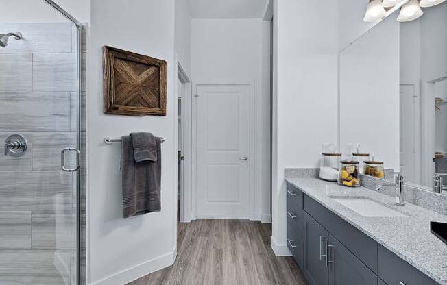 A bathroom with a white door and a grey counter.