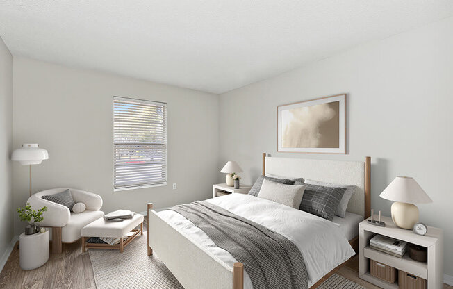 Model Bedroom with Carpet and Window View at Seven Lakes at Carrollwood Apartments in Tampa, FL.