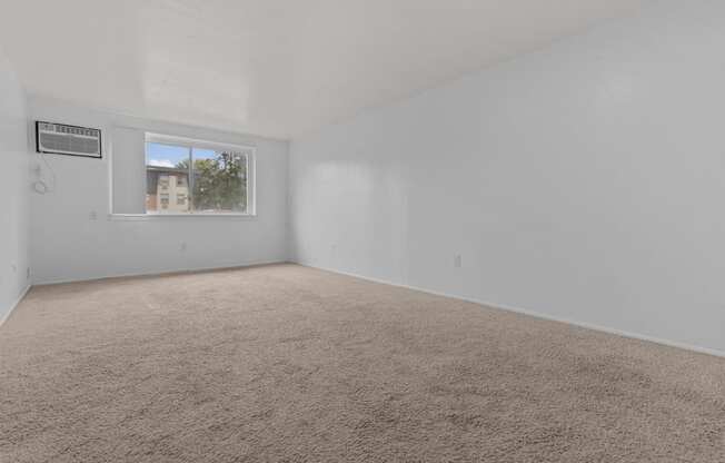 an empty room with carpet and a window