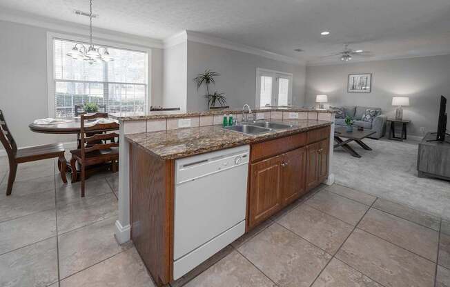 A kitchen with a granite countertop and a dishwasher.