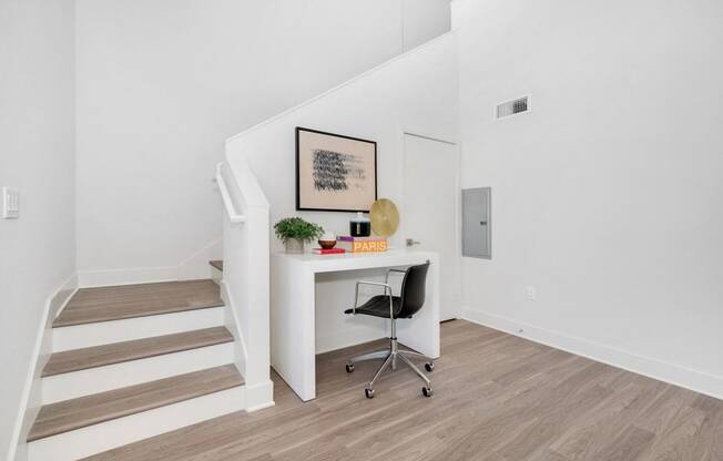 Woodland Hills, CA Lofts for Rent - The Q Variel - Home Office Space by the Stairs with High Ceilings and Luxury Wood Plank Style Flooring