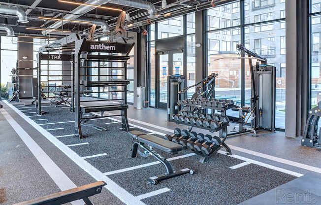 A gym with a variety of equipment including a bench, weights, and a TRX system.