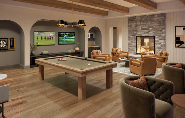 Resident Lounge with Billiards and Fireplace