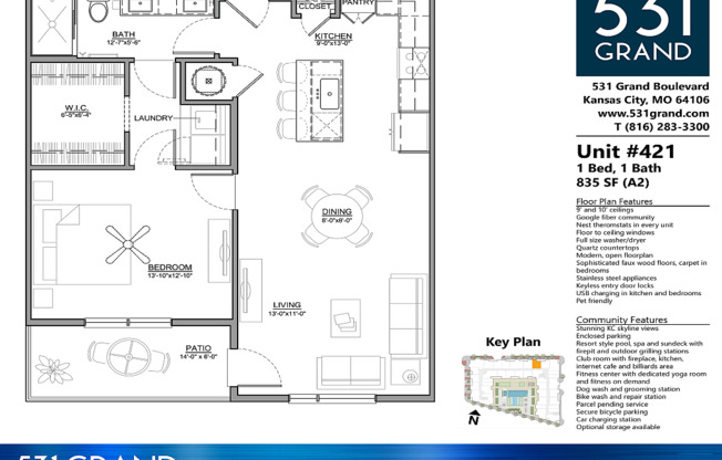 1 bed, 1 bath, 835 sqft, $1,904, Unit 421