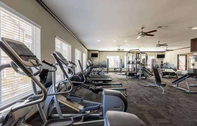 the fitness center has cardio equipment and treadmills in the gym