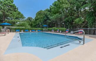 a group of palm trees next to a pool
