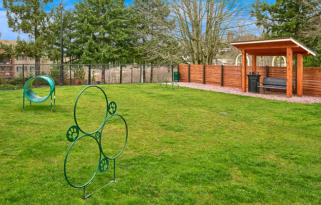 Pet-Friendly Apartments in Renton WA - Sunset View - Bark park with expansive lush green grass area with bench and play structures for pets to enjoy.