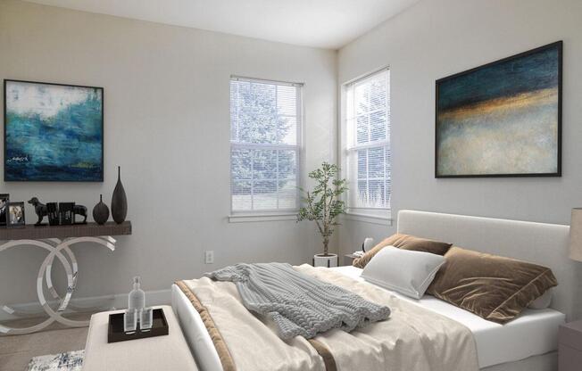 a bedroom with a bed and desk in a room
