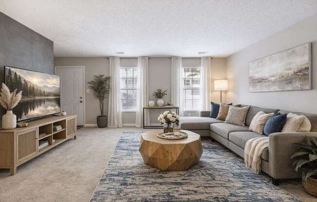 A living room with a grey couch, a wooden coffee table, and a painting on the wall.