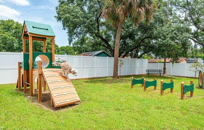 a cat playing on a wooden ramp in a backyard