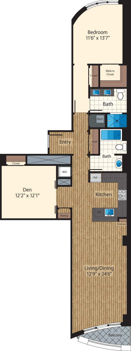 1 bed, 2 baths, 1,293 sqft, $3,425, Unit 1106