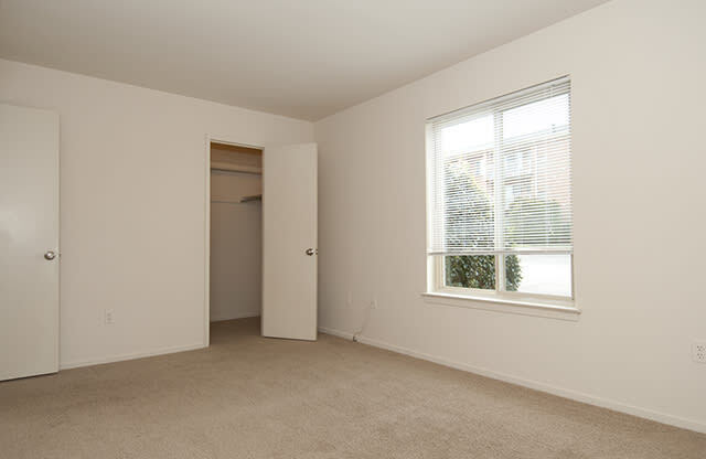 Bedroom with large window and carpet flooring