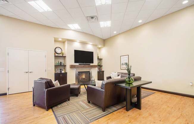 A living room with a fireplace and a television.