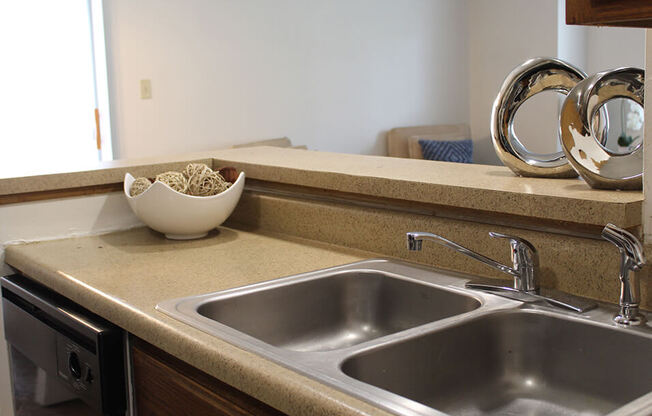 a kitchen sink with a bowl of cereal on the counter