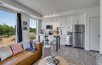 a living room with a kitchen and a couch