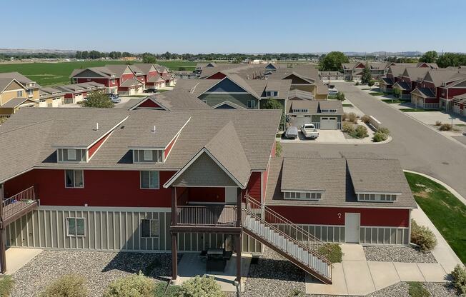 an aerial view of a neighborhood of houses with roofs at King West One, Billings, Montana