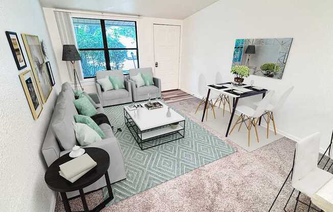 A living room with a grey couch, a black coffee table, and a green rug.