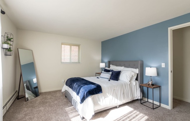 This is a photo of the bedroom in a 560 square foot, 1 bedroom, 1 bath apartment at Aspen Village Apartments in Cincinnati, OH.